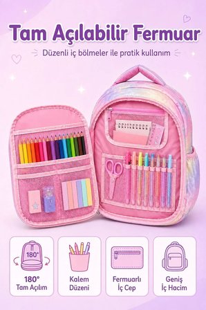 Okul Cantasi 3’LU Cantasi Seti Isi Yalitimli Beslenme Cantasi ve Cift Bolmeli Kalemlik Pembe GALB Leather
