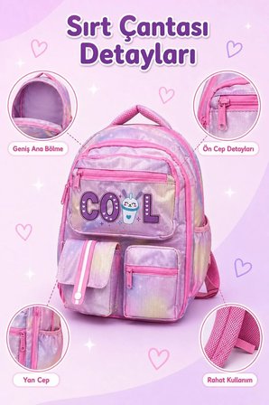 Okul Cantasi 3’LU Cantasi Seti Isi Yalitimli Beslenme Cantasi ve Cift Bolmeli Kalemlik Pembe GALB Leather