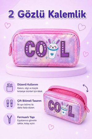 Okul Cantasi 3’LU Cantasi Seti Isi Yalitimli Beslenme Cantasi ve Cift Bolmeli Kalemlik Pembe GALB Leather