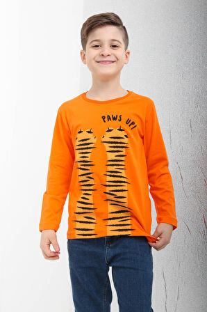 %100 Pamuklu Uzun Kollu Paws Up Baskılı Erkek Çocuk Tshirt Turuncu
