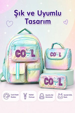 Okul Cantasi 3’LU Cantasi Seti Isi Yalitimli Beslenme Cantasi ve Cift Bolmeli Kalemlik Yesil GALB Leather