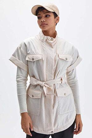 Kadın Animal Print Kemerli Yelek - Krem | 44