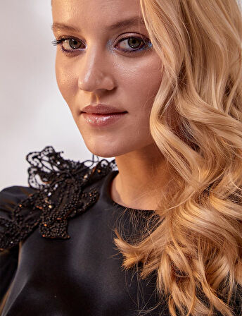 Şifon Pelerinli Uzun Saten Abiye-Siyah | 38