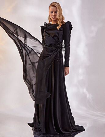 Şifon Pelerinli Uzun Saten Abiye-Siyah | 38