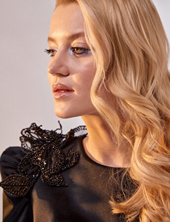 Şifon Pelerinli Uzun Saten Abiye-Siyah | 38