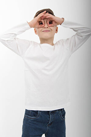 %100 Pamuklu Kız ve Erkek Çocuk  Unisex Uzun Kollu Basic Tshirt Ekru