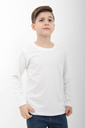 %100 Pamuklu Kız ve Erkek Çocuk  Unisex Uzun Kollu Basic Tshirt Ekru
