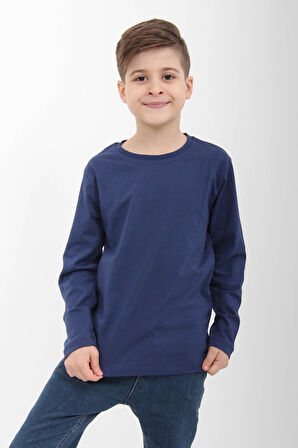 %100 Pamuklu Kız ve Erkek Çocuk  Unisex Uzun Kollu Basic Tshirt İndigo