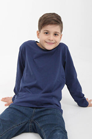 %100 Pamuklu Kız ve Erkek Çocuk  Unisex Uzun Kollu Basic Tshirt İndigo