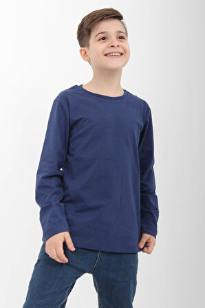 %100 Pamuklu Kız ve Erkek Çocuk  Unisex Uzun Kollu Basic Tshirt İndigo