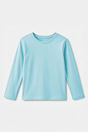 %100 Pamuklu Kız ve Erkek Çocuk  Unisex Uzun Kollu Basic Tshirt Mavi