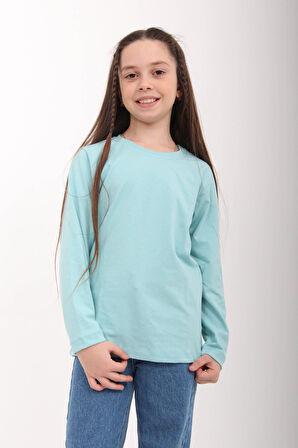 %100 Pamuklu Kız ve Erkek Çocuk  Unisex Uzun Kollu Basic Tshirt Mavi