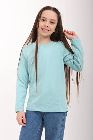 %100 Pamuklu Kız ve Erkek Çocuk  Unisex Uzun Kollu Basic Tshirt Mavi