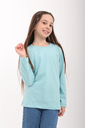%100 Pamuklu Kız ve Erkek Çocuk  Unisex Uzun Kollu Basic Tshirt Mavi