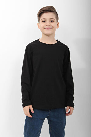%100 Pamuklu Kız ve Erkek Çocuk  Unisex Uzun Kollu Basic Tshirt Siyah