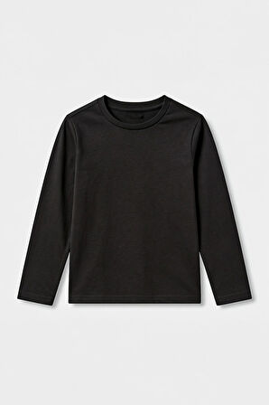 %100 Pamuklu Kız ve Erkek Çocuk  Unisex Uzun Kollu Basic Tshirt Siyah
