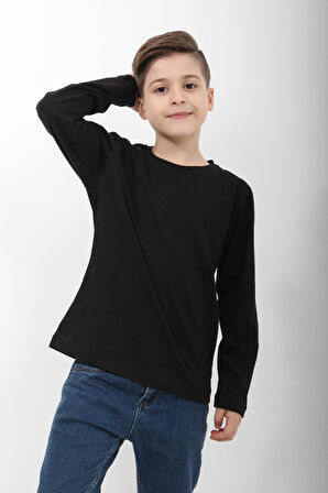%100 Pamuklu Kız ve Erkek Çocuk  Unisex Uzun Kollu Basic Tshirt Siyah