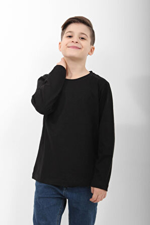 %100 Pamuklu Kız ve Erkek Çocuk  Unisex Uzun Kollu Basic Tshirt Siyah