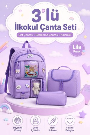 Okul Cantasi Kore Model 3’LU Ilkokul Canta Seti Sirt Cantasi + Beslenme Cantasi + Kalemlik Mor GALB Leather