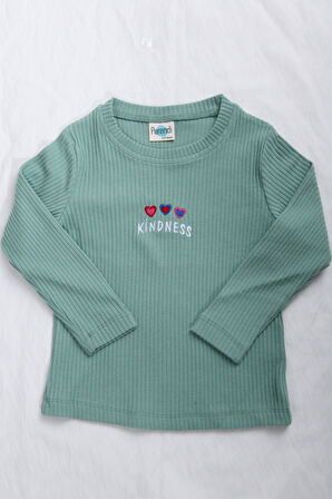 %100 Pamuklu Kindness ve Kalp Nakışlı Kız Çocuk Sweatshirt Çağla