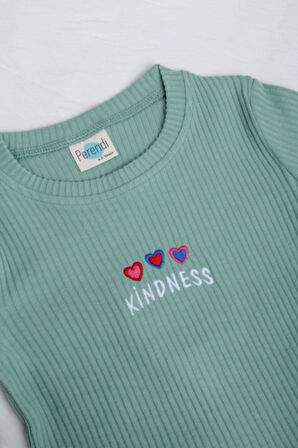 %100 Pamuklu Kindness ve Kalp Nakışlı Kız Çocuk Sweatshirt Çağla