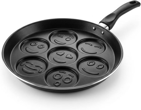 Papilla Redio Emoji Pankek ve Yumurta Tavası - 7 Bölmeli Gülen Yüz Tasarımlı, Yanmaz Yapışmaz Siyah Krep Tavası (28 cm)