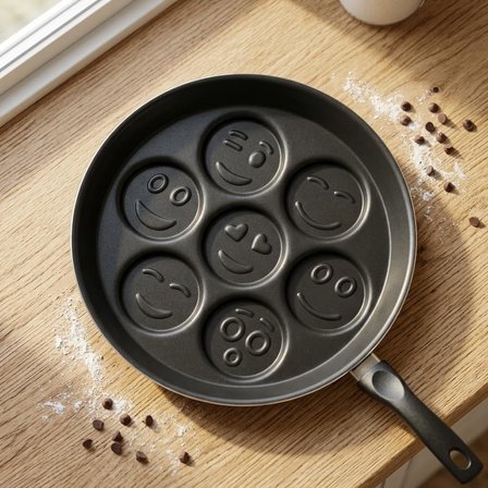Papilla Redio Emoji Pankek ve Yumurta Tavası - 7 Bölmeli Gülen Yüz Tasarımlı, Yanmaz Yapışmaz Siyah Krep Tavası (28 cm)