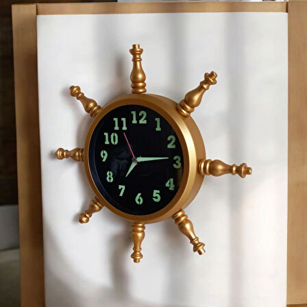 Fosforlu Gold Metal Ahşap Gemici Denizci Dümen Duvar Saati 34 cm