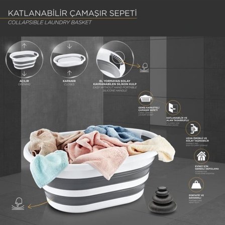 Katlanabilir Çamaşır Sepeti Gri Mega Boy 38’lt Silikon Akordiyon Sepet, Katlanabilir Çamaşır Sepeti Gri Mega Boy 38’lt Silikon Akordiyon Sepet