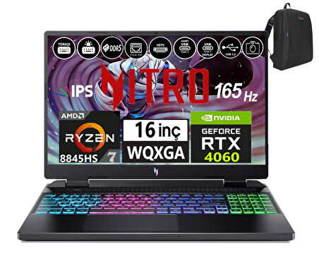 Acer Nitro 16 AN16-42 Amd R7 8845HS Aı 48GB Ddr5 4tb SSD 8GB/RTX4060 Freedos 16" 165Hz Wqxga IPS Taşınabilir Bilgisayar WNHQSKEY00112+WEBLEGELSINÇANTA