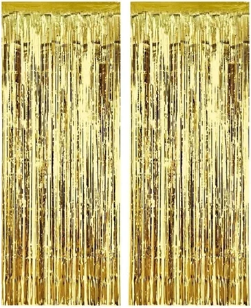 2 Adet 45 cm × 200 cm Metalize Arka Fon Kapı Perdesi Püsküllü Fon Süsü Gold
