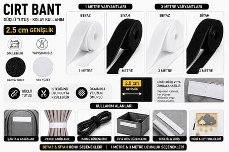PAŞATEKS 2.5 Cm Yapışkansız Cırt Bant – Beyaz Siyah Velcro Bant – 1 m &amp; 3 m Dikilebilir Kanca Hav Bant (siyah, 3)