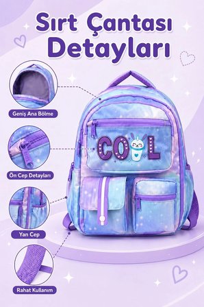 Okul Cantasi 3’LU Cantasi Seti Isi Yalitimli Beslenme Cantasi ve Cift Bolmeli Kalemlik Mor GALB Leather