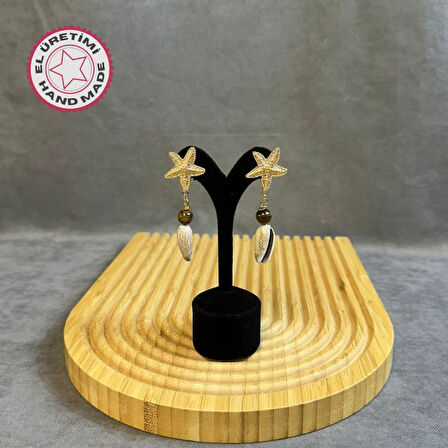 Uretti - Tuğba 6667 2336 Deniz Yıldızı Model Kaplan Gözü Doğal Taşlı Küpe