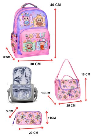 Okul Cantasi 3’LU Ilkokul Labubu Baskili Lila Kiz Cocuk Beslenmeli ve Kalemlikli Cantasi Pembe Mor GALB Leather