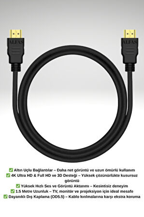 Alfas 1.5 Metre HDMI Kablo | Altın Uçlu | 4K Ultra HD 60Hz Full HD V1.4 3D Destekli 1.5m Hdmi Kablo