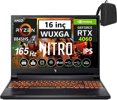Acer Nitro V16 ANV16-41 Amd R7 8845HS Aı 96GB Ddr5 1tb SSD 8GB/RTX4060 Freedos 16" 165Hz Wxuga IPS Taşınabilir Bilgisayar WNHQRUEY00318+WEBLEGELSINÇANTA