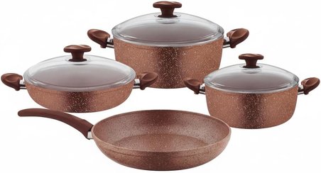 Argos 7 Parça Tencere ve Tava Seti - Bakır Kırçıl Renkli Yanmaz Yapışmaz Çeyiz Paketi Cam Kapaklı (20/24/26 cm Tencere + 26 cm Tava)
