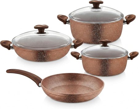 Argos 7 Parça Tencere ve Tava Seti - Bakır Kırçıl Renkli Yanmaz Yapışmaz Çeyiz Paketi Cam Kapaklı (20/24/26 cm Tencere + 26 cm Tava)