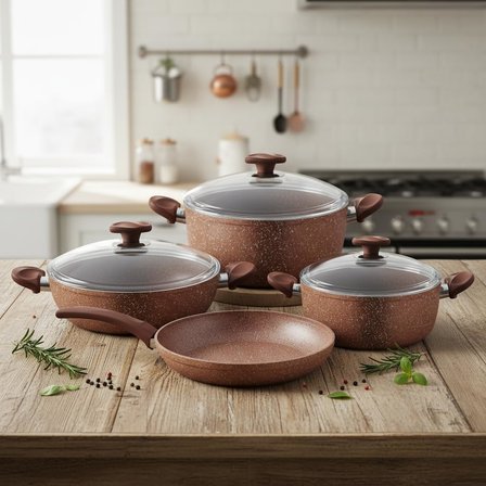 Argos 7 Parça Tencere ve Tava Seti - Bakır Kırçıl Renkli Yanmaz Yapışmaz Çeyiz Paketi Cam Kapaklı (20/24/26 cm Tencere + 26 cm Tava)