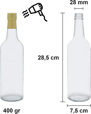 Afracam Standart Şeffaf 750 ml Sızdırmaz Kapaklı ve Kapüşonlu Boş Cam Şişe 6 Adet
