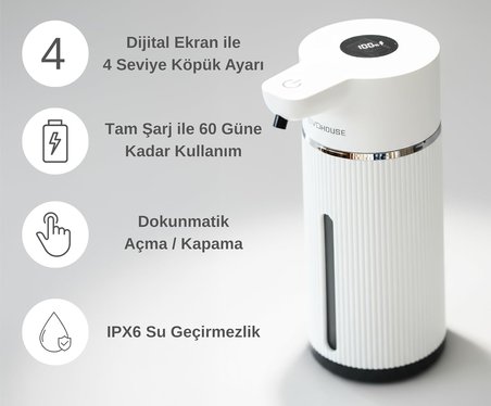 Otomatik Sensörlü Köpük Sıvı Sabunluk - Şarjlı- Dijital LED Ekran - Duvara Monte - E15 Model (Beyaz)