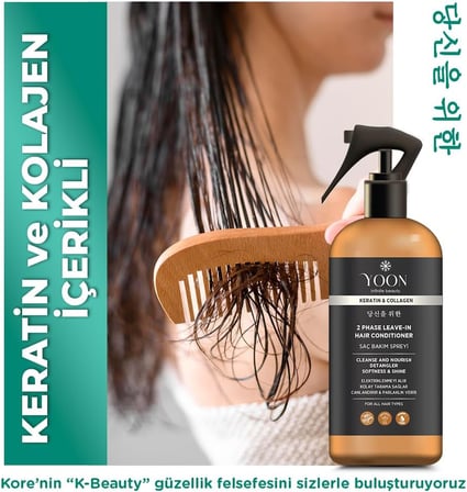 2'si 1 Arada Kolajen &amp; Keratin İçeren Saç Spreyi, Elektriklenme Önleyici ve Kolay Tarama Spreyi, Paraben ve Sülfat İçermeyen Vegan Saç Bakım Spreyi 250ml