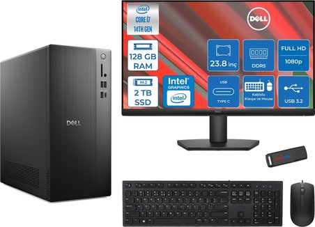 Dell Tower ECT1250 Intel® Core™ İ7-14700 128GB Ddr5 2tb SSD Intel® UHD Graphics 770 Freedos +23.8" Monitör Tower Masaüstü Bilgisayar 24RPLSR007F39+ZETTAUSBBELLEK