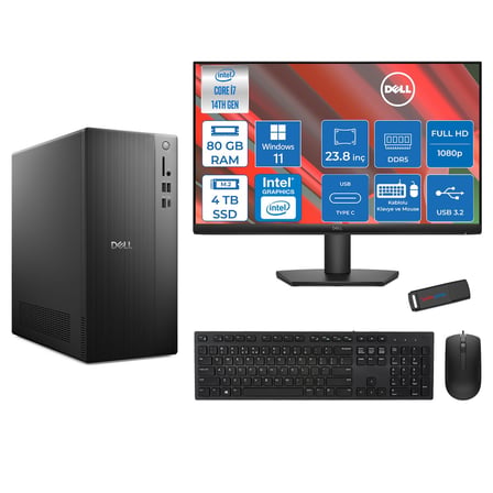 Dell Tower ECT1250 Intel® Core™ İ7-14700 80GB Ddr5 4tb SSD Intel® UHD Graphics 770 WIN11PRO +23.8" Monitör Tower Masaüstü Bilgisayar 24RPLSR007P30+ZETTAUSBBELLEK