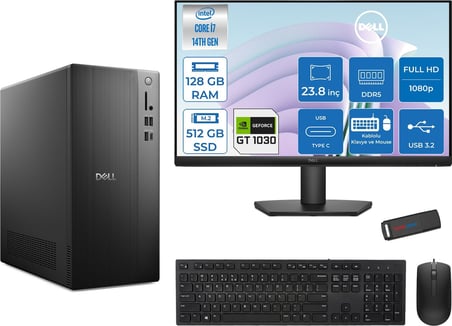 Dell Tower ECT1250 Intel® Core™ İ7-14700 128GB Ddr5 512GB SSD 4GB/GT1030  Freedos +23.8" Monitör Tower Masaüstü Bilgisayar 24RPLSR00721F37+ZETTAUSBBELLEK