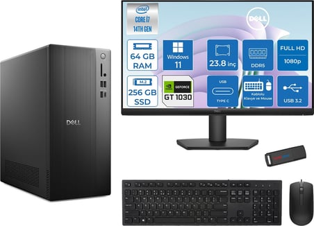 Dell Tower ECT1250 Intel® Core™ İ7-14700 64GB Ddr5 256GB SSD 4GB/GT1030  WIN11PRO +23.8" Monitör Tower Masaüstü Bilgisayar 24RPLSR00721P21+ZETTAUSBBELLEK