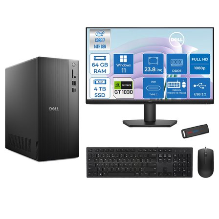 Dell Tower ECT1250 Intel® Core™ İ7-14700 64GB Ddr5 4tb SSD 4GB/GT1030  WIN11PRO +23.8" Monitör Tower Masaüstü Bilgisayar 24RPLSR00721P25+ZETTAUSBBELLEK