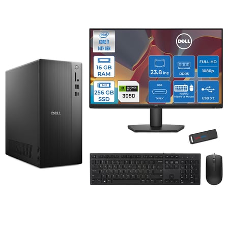 Dell Tower ECT1250 Intel® Core™ İ7-14700 16GB Ddr5 256GB SSD 6GB/RTX3050 Freedos +23.8" Monitör Tower Masaüstü Bilgisayar 24RPLSR00723F01+ZETTAUSBBELLEK