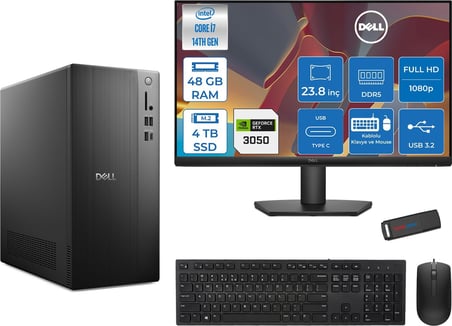 Dell Tower ECT1250 Intel® Core™ İ7-14700 48GB Ddr5 4tb SSD 6GB/RTX3050 Freedos +23.8" Monitör Tower Masaüstü Bilgisayar 24RPLSR00723F20+ZETTAUSBBELLEK